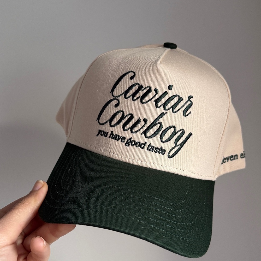 Eleven Eleven CAVIAR COWBOY CAP IN BEIGE & FOREST GREEN - Picture 2 of 8